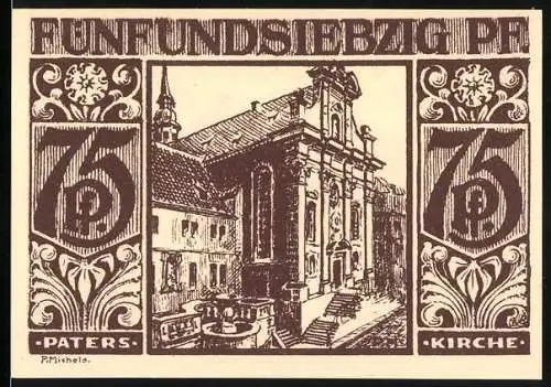 Notgeld Paderborn, 1921, 75 Pf, Paterskirche und Marktszene mit Brunnen