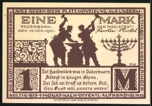 Notgeld Paderborn 1921, Eine Mark, Kirche und Handwerker-Motiv