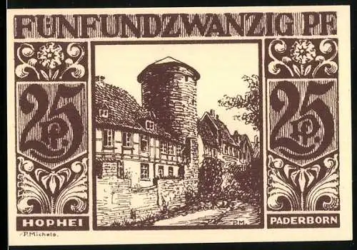 Notgeld Paderborn, 1921, 25 Pfennig, Stadtansicht und mittelalterliche Gebäude