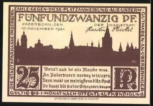 Notgeld Paderborn, 1921, 25 Pfennig, Stadtansicht und mittelalterliche Gebäude