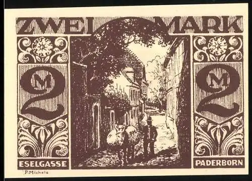 Notgeld Paderborn, 1921, zwei Mark, Vorderseite Eselgasse mit Mann und Esel, Rückseite Esel mit Gedicht