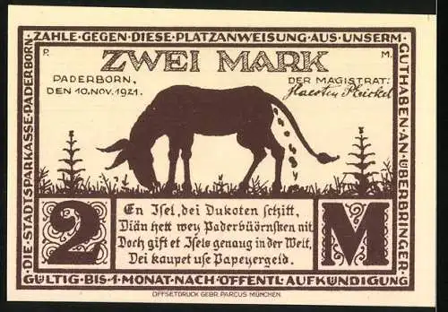 Notgeld Paderborn, 1921, zwei Mark, Vorderseite Eselgasse mit Mann und Esel, Rückseite Esel mit Gedicht