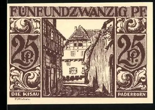 Notgeld Paderborn, 1921, 25 Pfennig, Die Kisau und Stadtsilhouette Paderborn