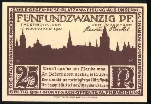 Notgeld Paderborn, 1921, 25 Pfennig, Die Kisau und Stadtsilhouette Paderborn