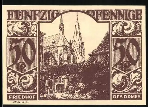 Notgeld Paderborn, 1921, 50 Pfennig, Friedhof des Domes, Rückseite mit Text und Symbolen