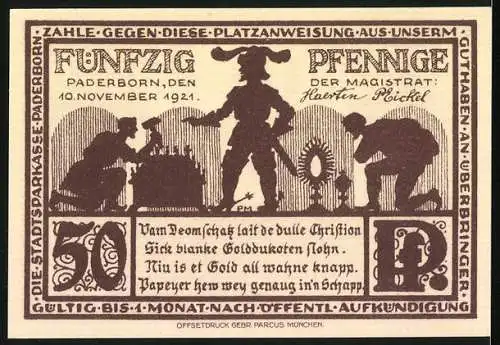 Notgeld Paderborn, 1921, 50 Pfennig, Friedhof des Domes, Rückseite mit Text und Symbolen