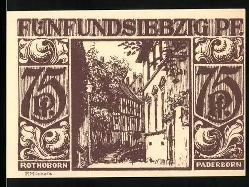 Notgeld Paderborn 1921, 75 Pfennig, historische Illustration einer Gasse und Menschen am Brunnen