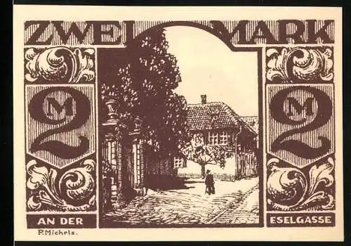 Notgeld Paderborn, 1921, 2 Mark, Motiv Eselsgasse und Esel, braun