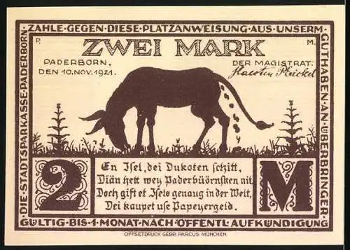 Notgeld Paderborn, 1921, 2 Mark, Motiv Eselsgasse und Esel, braun