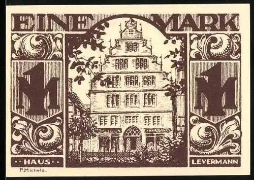 Notgeld Paderborn, 10. Nov. 1921, 1 Mark, Haus-Levermann-Abbildung und Handwerkszenerie