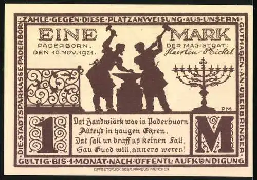 Notgeld Paderborn, 10. Nov. 1921, 1 Mark, Haus-Levermann-Abbildung und Handwerkszenerie