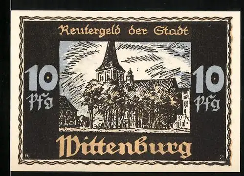 Notgeld Wittenburg, 1922, 10 Pfennig, Stadtansicht und Arbeiter mit Hammer