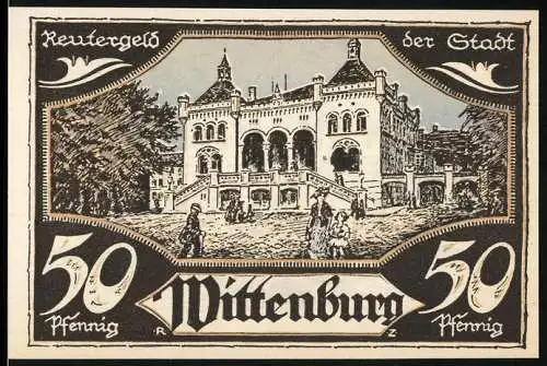 Notgeld Wittenburg, 1922, 50 Pfennig, Stadtszene und Wappen mit Drachenfiguren