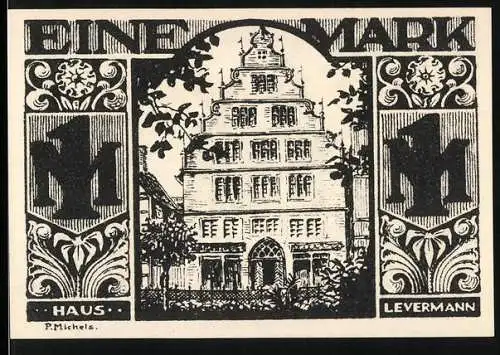 Notgeld Paderborn, 1921, 1 Mark, Vorderseite Gebäude mit Verzierungen, Rückseite Schmiede bei der Arbeit und Text