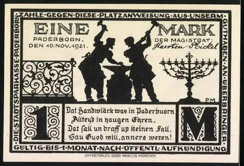 Notgeld Paderborn, 1921, 1 Mark, Vorderseite Gebäude mit Verzierungen, Rückseite Schmiede bei der Arbeit und Text