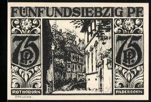 Notgeld Paderborn 1921, 75 Pfennig, Stadtansicht und Brunnenarbeiterszene