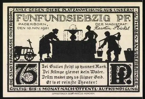 Notgeld Paderborn 1921, 75 Pfennig, Stadtansicht und Brunnenarbeiterszene