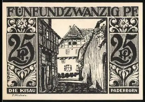 Notgeld Paderborn, 1921, 25 Pf, Die Kisau und Stadtansicht