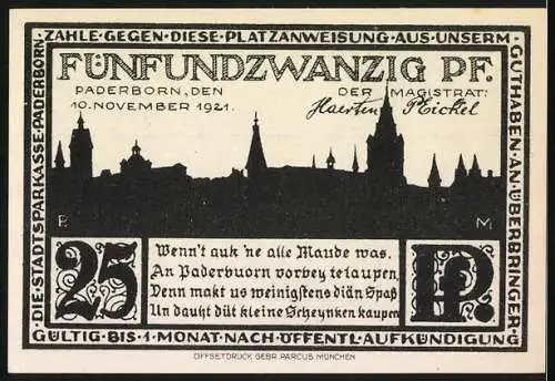 Notgeld Paderborn, 1921, 25 Pf, Die Kisau und Stadtansicht