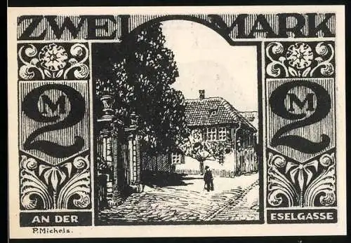 Notgeld Paderborn 1921, 2 Mark, Eselgasse und Esel mit Reimen