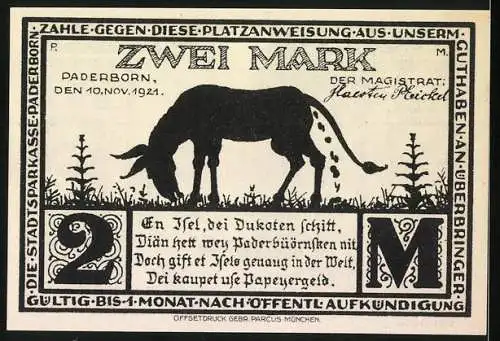 Notgeld Paderborn 1921, 2 Mark, Eselgasse und Esel mit Reimen