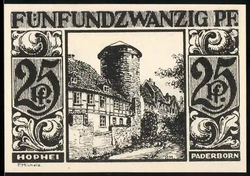 Notgeld Paderborn, 1921, 25 Pfennig, Stadtansicht und historische Gebäude, H.Pöchel