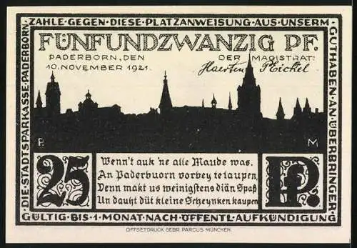 Notgeld Paderborn, 1921, 25 Pfennig, Stadtansicht und historische Gebäude, H.Pöchel