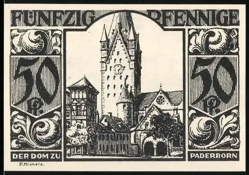 Notgeld Paderborn, 1921, 50 Pfennig, Der Dom zu Paderborn und historische Szenerie