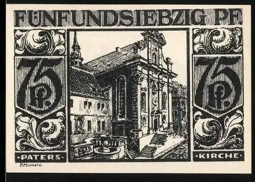 Notgeld Paderborn, 1921, 75 Pfennig, Vorderseite Paterskirche Rückseite Brunnen mit Personen