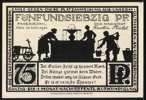 Notgeld Paderborn, 1921, 75 Pfennig, Vorderseite Paterskirche Rückseite Brunnen mit Personen