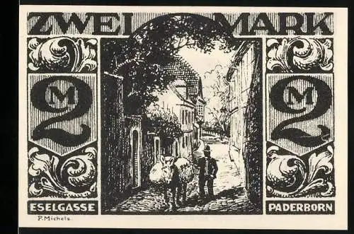 Notgeld Paderborn 1921, 2 Mark, Motiv Eselgasse und Esel mit Gedicht