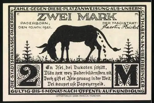 Notgeld Paderborn 1921, 2 Mark, Motiv Eselgasse und Esel mit Gedicht