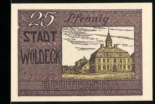 Notgeld Woldegk, 1921, 25 Pfennig, Reutergeld mit Stadtansicht und Zitat Vorderseite und Rückseite