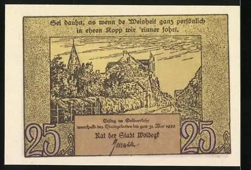 Notgeld Woldegk, 1921, 25 Pfennig, Reutergeld mit Stadtansicht und Zitat Vorderseite und Rückseite