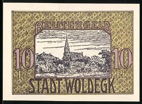 Notgeld Woldegk, 1922, 10 Pfennig, Reutergeld mit Stadtansicht und plattdeutscher Inschrift