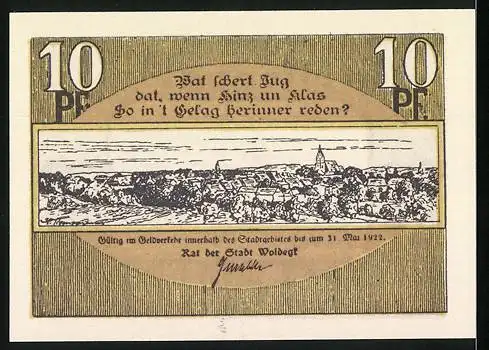 Notgeld Woldegk, 1922, 10 Pfennig, Reutergeld mit Stadtansicht und plattdeutscher Inschrift