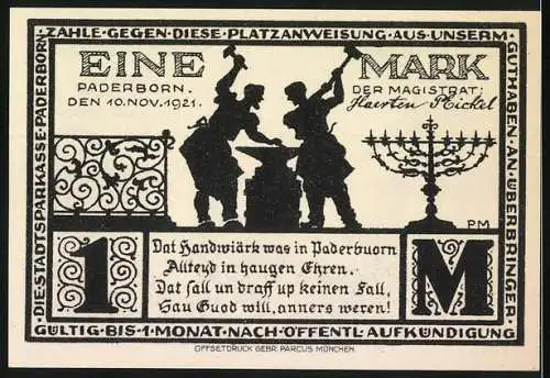 Notgeld Paderborn 1921, 1 Mark, Busdorfkirche und Handwerker-Darstellung