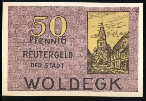 Notgeld Woldegk, 1921, 50 Pfennig, Reutergeld der Stadt, Stadtansicht und Gedicht auf der Rückseite