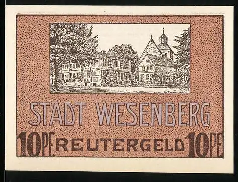 Notgeld Wesenberg, 1922, 10 Pfennig, Stadtansicht und Text über Gültigkeit bis 31. Mai 1922