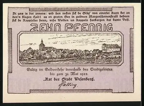 Notgeld Wesenberg, 1922, 10 Pfennig, Stadtansicht und Text über Gültigkeit bis 31. Mai 1922