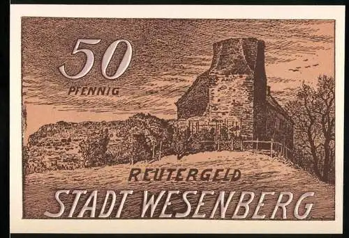 Notgeld Wesenberg, 1921, 50 Pfennig, Reutergeld mit Burgruine und Pferdegespann