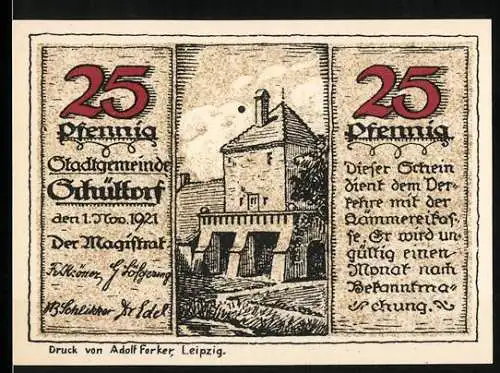 Notgeld Schüttorf 1921, 25 Pfennig, Stadtturm und historische Szene mit Bauern