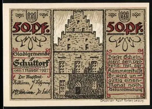 Notgeld Schüttorf 1921, 50 Pfennig, Rathaus und historische Szene mit Wappen