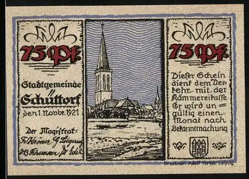 Notgeld Schüttorf, 1921, 75 Pfennig, Stadtansicht mit Kirche, Kutsche in Strassenszene, beidseitig bedruckt