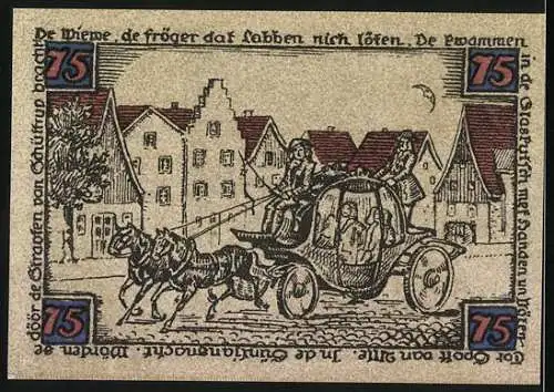 Notgeld Schüttorf, 1921, 75 Pfennig, Stadtansicht mit Kirche, Kutsche in Strassenszene, beidseitig bedruckt