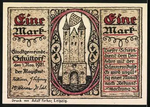 Notgeld Schüttorf, 1921, 1 Mark, Stadtansicht mit Karte und Turm, Druck von Adolf Forker Leipzig