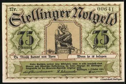 Notgeld Stellingen 1920, 75 Pfennig, Affe und Löwengrube Illustration