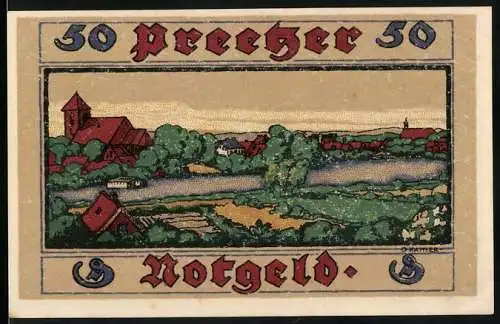 Notgeld Preetz, 50 Pfennig, Landschaft und Wappen mit Text