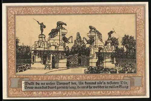 Notgeld Stellingen, 1920, 1 Mark, Eingang zum Tierpark mit Tierskulpturen und Porträt eines Mannes mit Hut