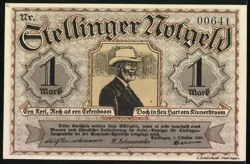 Notgeld Stellingen, 1920, 1 Mark, Eingang zum Tierpark mit Tierskulpturen und Porträt eines Mannes mit Hut